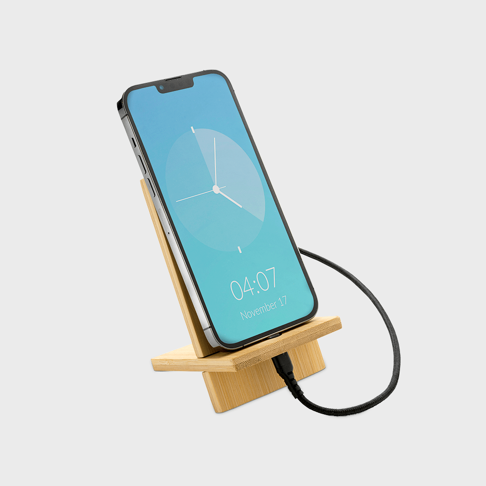 Support pour téléphone en bambou dans une boîte kraft