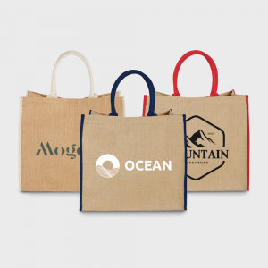 Sac fourre-tout en jute à bords colorés personnalisé - Objets Publicitaires