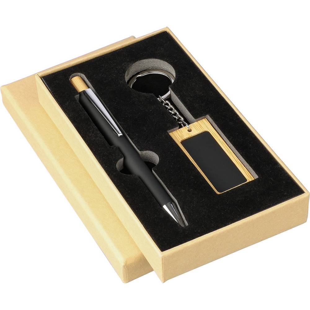 Coffret cadeau : stylo, porte-clés noir personnalisable avec logo