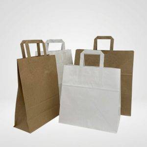Sacs papier kraft brun et blanc à poignées plates personnalisés avec logo