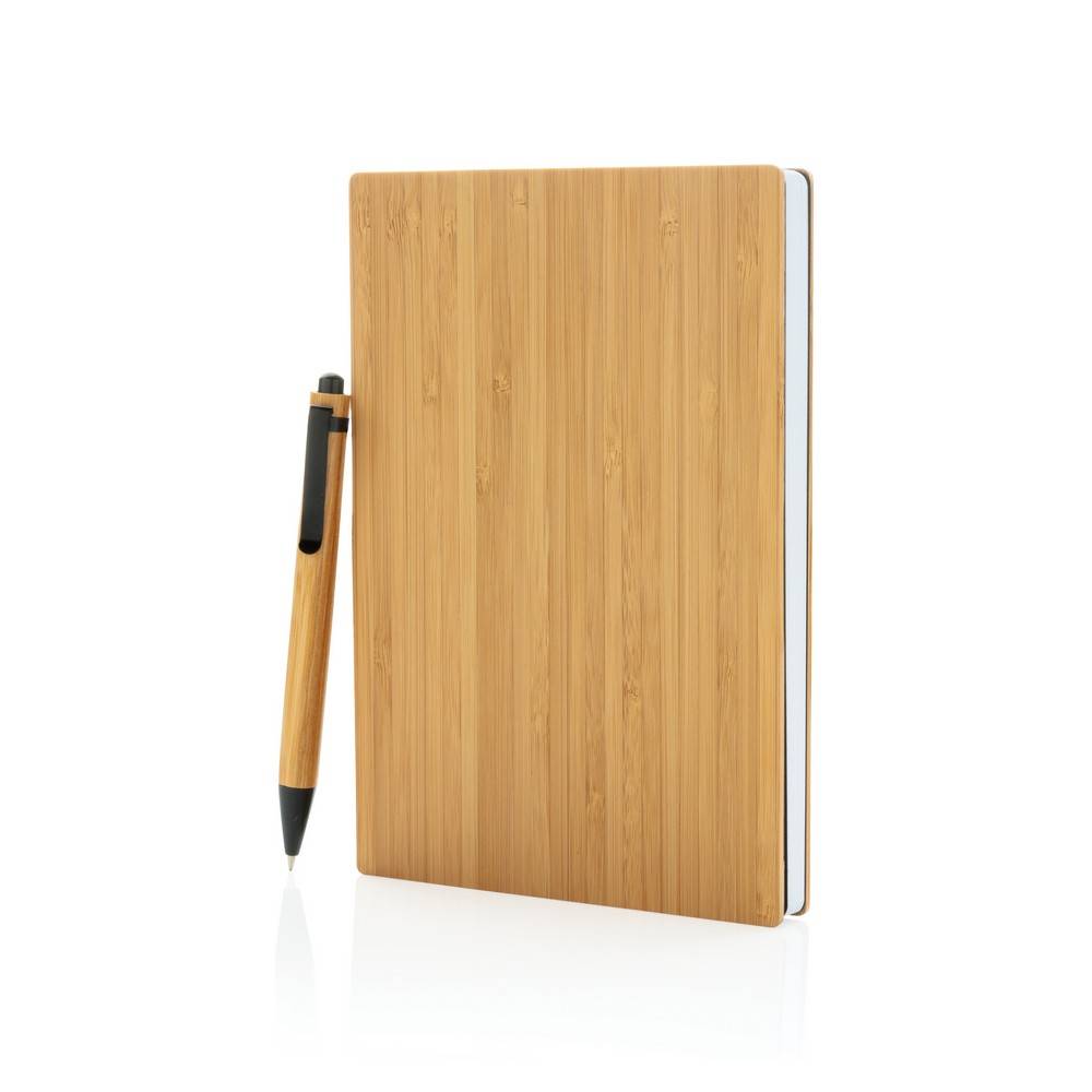 Set carnets de notes A5 et stylo en bambou brun personnalisable