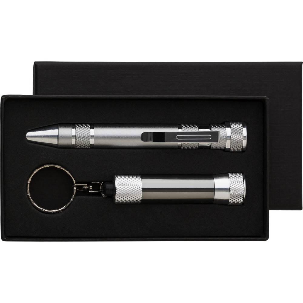 Set d'outils, tournevis, lampe de poche 3 LED gris personnalisable