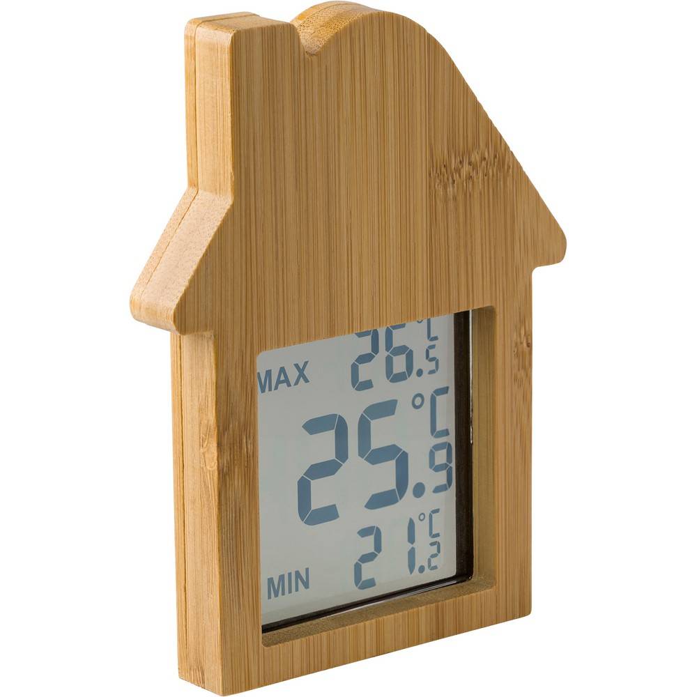 Station météo en bambou "maison" brun personnalisable avec logo