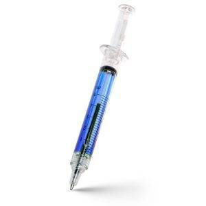 Stylo bille 'seringue' bleu personnalisable avec logo